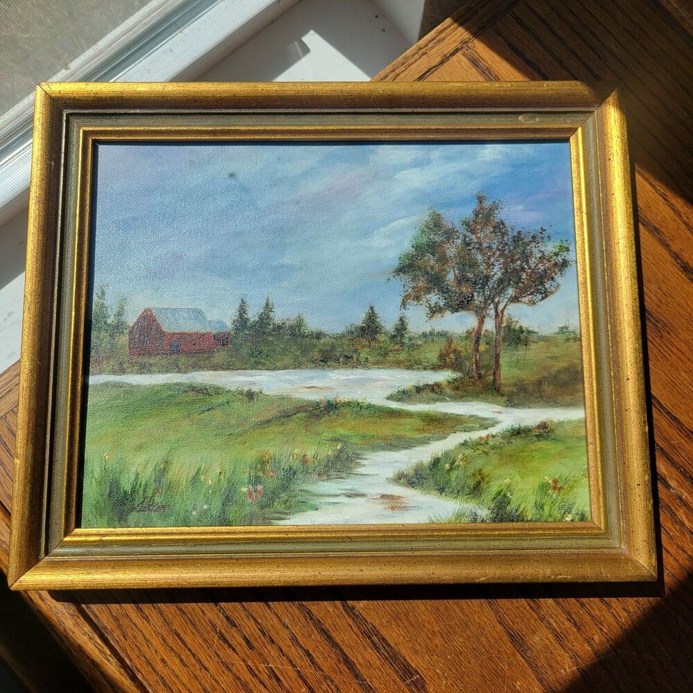 Vtg Painting Countryside Farm Barn Landscape In Wooden Frame 8x10 signed OOAK